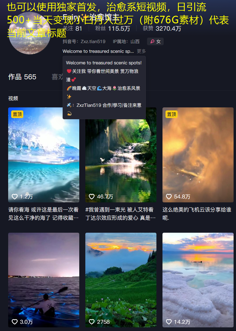 依靠治愈類型短視頻，日引流500+當天變現(xiàn)小白月入過萬（附676G素材） 依靠治愈類型短視頻，日引流500+當天變現(xiàn)小白月入過萬（附676G素材） 項目分享